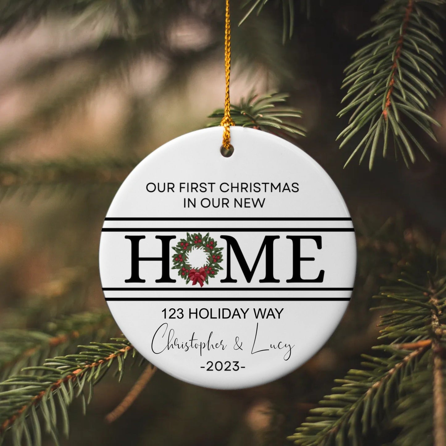 Personalized New Home Circle Ornament - Holiday Christmas Wreath Gift for New House
