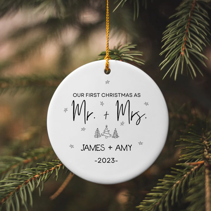 Personalized First Christmas Married Circle Ornament - Mr and Mrs Holiday Tree
