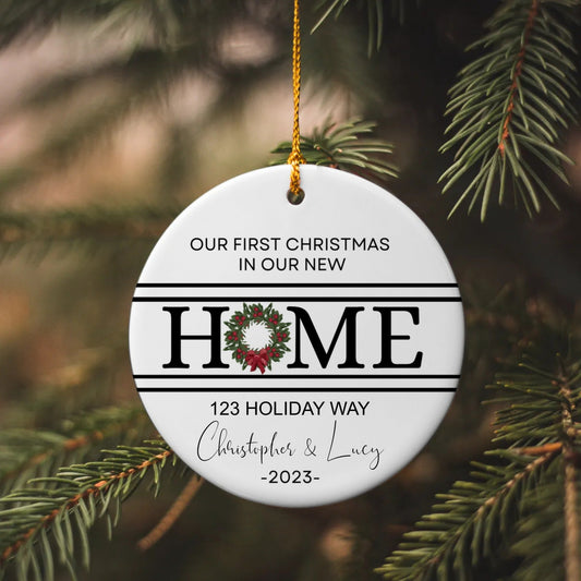 Personalized New Home Circle Ornament - Holiday Christmas Wreath Gift for New House