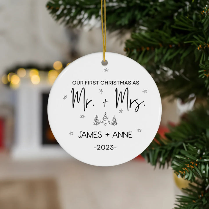 Personalized Ceramic First Christmas Married Ornament - Mr and Mrs Holiday Trees